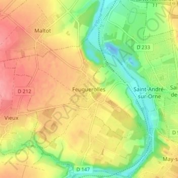 Carte topographique Feuguerolles, altitude, relief