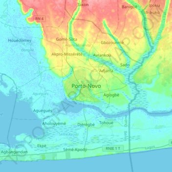 Carte topographique Porto-Novo, altitude, relief