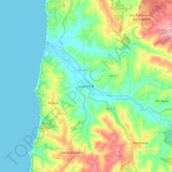 Carte topographique Lourinhã, altitude, relief