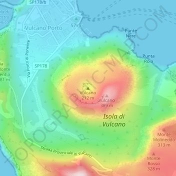 Carte topographique Vulcano, altitude, relief