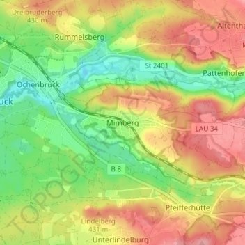 Carte topographique Mimberg, altitude, relief