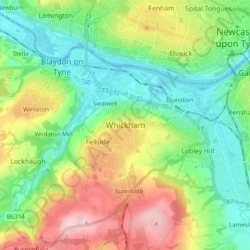 Carte topographique Whickham, altitude, relief
