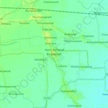 Carte topographique Podakkudi, altitude, relief