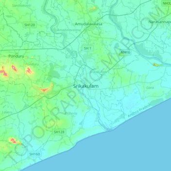 Carte topographique Srikakulam, altitude, relief