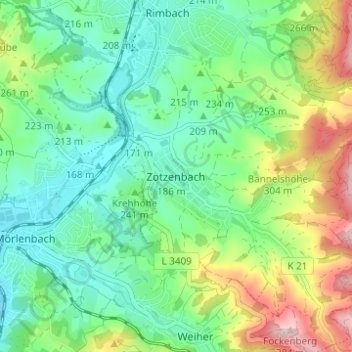 Carte topographique Zotzenbach, altitude, relief