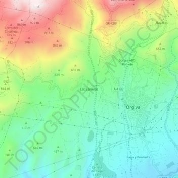Carte topographique Las Barreras, altitude, relief