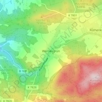 Carte topographique Wernesgrün, altitude, relief