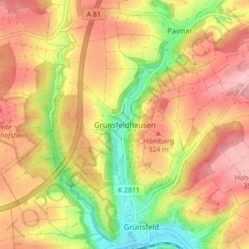 Carte topographique Grünsfeldhausen, altitude, relief