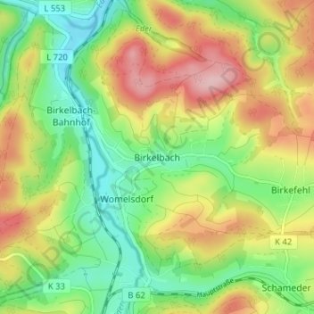 Carte topographique Birkelbach, altitude, relief