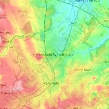Carte topographique Mansfield Woodhouse, altitude, relief