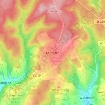 Carte topographique Kehlbach, altitude, relief