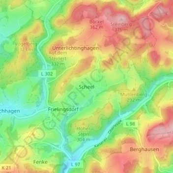 Carte topographique Scheel, altitude, relief