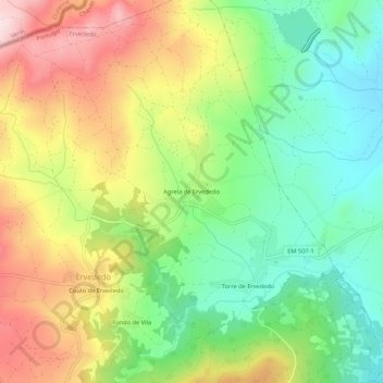 Carte topographique Agrela de Ervededo, altitude, relief