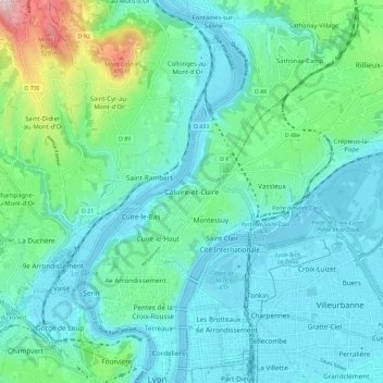 Carte topographique Caluire-et-Cuire, altitude, relief