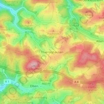 Carte topographique Thieringhausen, altitude, relief