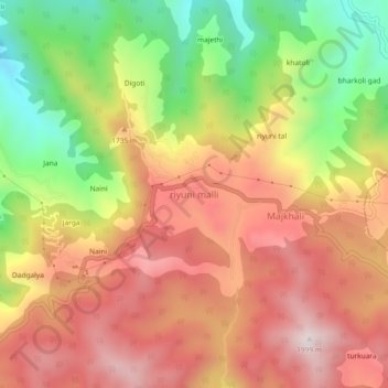 Carte topographique riyuni malli, altitude, relief