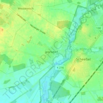 Carte topographique Jeersdorf, altitude, relief