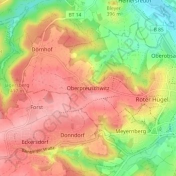 Carte topographique Oberpreuschwitz, altitude, relief