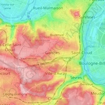 Carte topographique Garches, altitude, relief