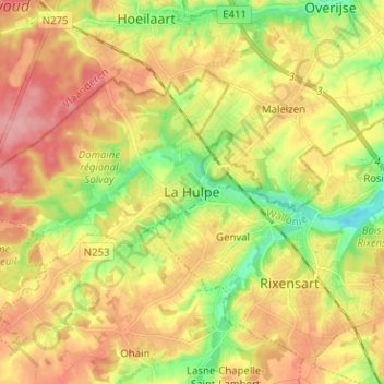 Carte topographique La Hulpe, altitude, relief