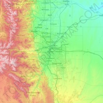 Carte topographique Denver County, altitude, relief