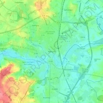 Carte topographique Alençon, altitude, relief