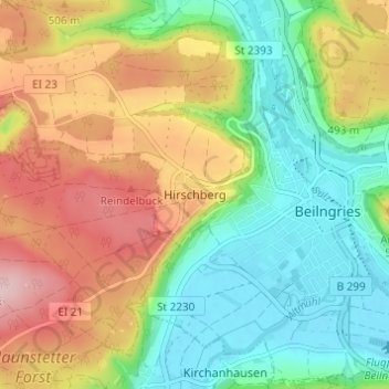 Carte topographique Hirschberg, altitude, relief