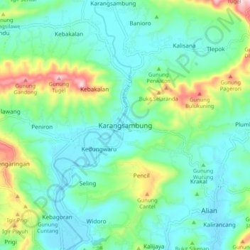 Carte topographique Karangsambung, altitude, relief