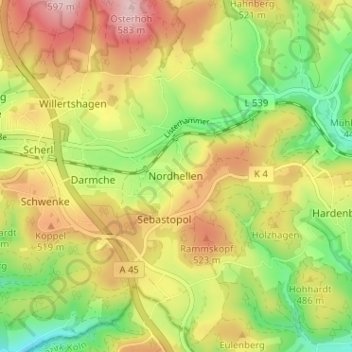 Carte topographique Nordhellen, altitude, relief