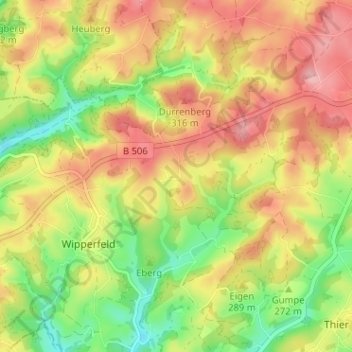 Carte topographique Grüterich, altitude, relief