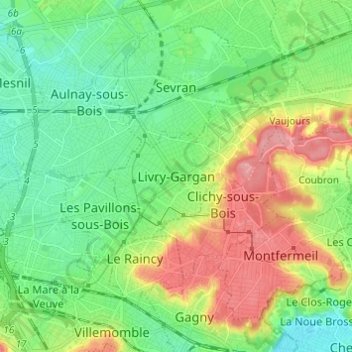 Carte topographique Livry-Gargan, altitude, relief