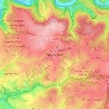 Carte topographique Witzhelden, altitude, relief