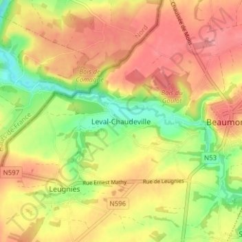 Carte topographique Leval-Chaudeville, altitude, relief