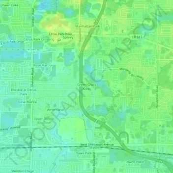 Carte topographique Green Grass Acres, altitude, relief