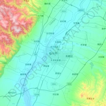 Carte topographique Linfen, altitude, relief