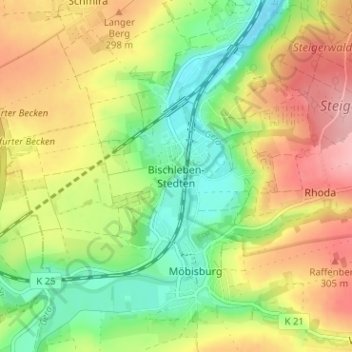 Carte topographique Bischleben-Stedten, altitude, relief
