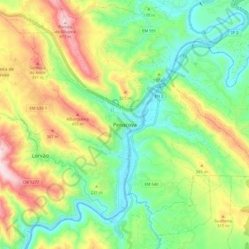 Carte topographique Penacova, altitude, relief