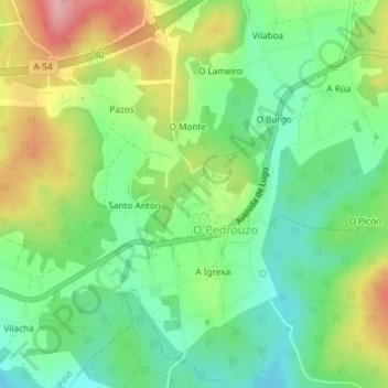 Carte topographique O Reboredo, altitude, relief