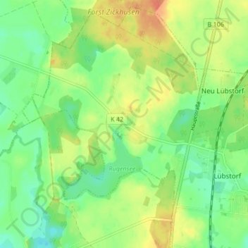 Carte topographique Rugensee, altitude, relief