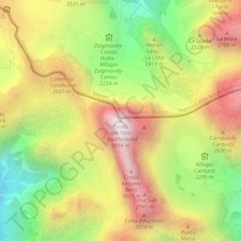 Carte topographique Croda dei Toni, altitude, relief