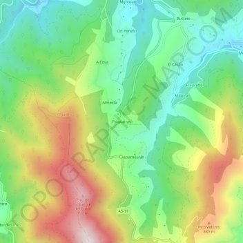 Carte topographique Folgueiras, altitude, relief