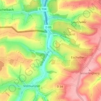 Carte topographique Moulin d'Eschviller, altitude, relief