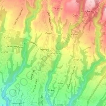 Carte topographique Tegallalang, altitude, relief