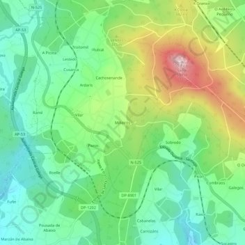 Carte topographique Milleiros, altitude, relief