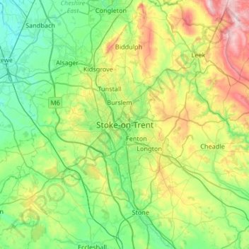 Carte topographique Stoke-on-Trent, altitude, relief