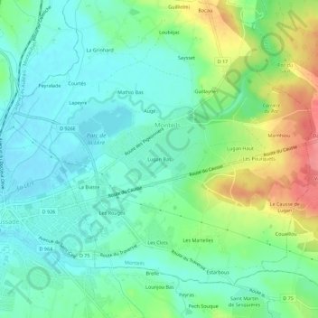 Carte topographique Lugan Bas, altitude, relief