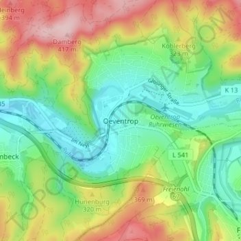 Carte topographique Oeventrop, altitude, relief