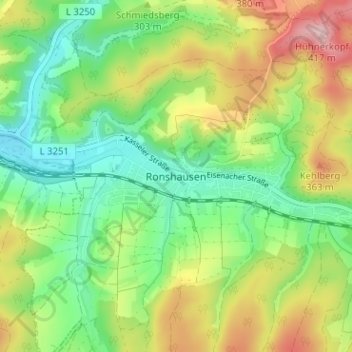 Carte topographique Ronshausen, altitude, relief