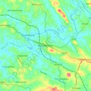 Carte topographique Marthandam, altitude, relief