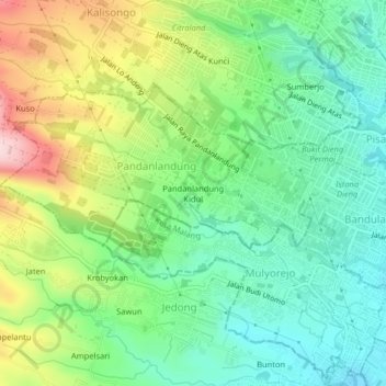 Carte topographique Pandanlandung Kidul, altitude, relief